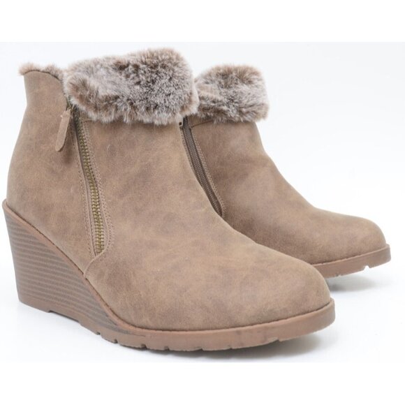 Lane Bryant Emma Women's 10 WIDE Faux Fur Trim & Suede Ankle Wedge Booties - Picture 2 of 9